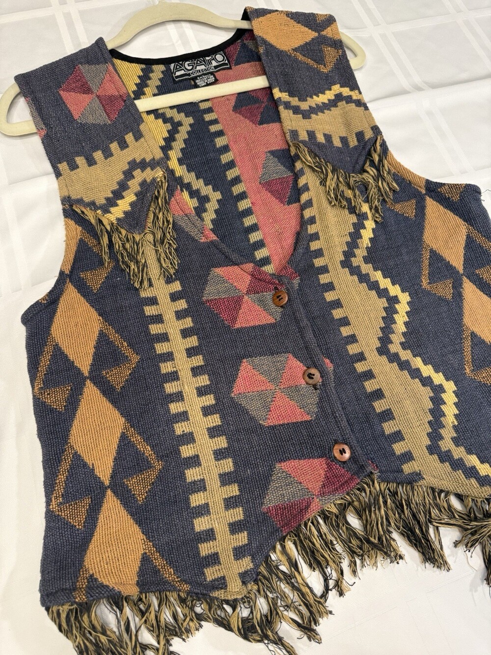 Vintage 90s Agapo Collection Southwestern Tapestry Fringe Vest Boho Cotton Sz